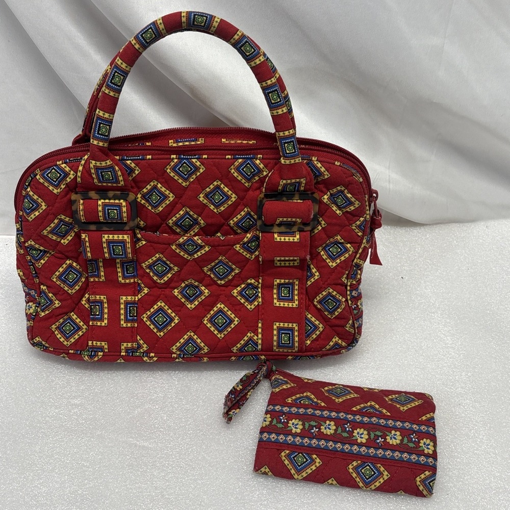 Vera Bradley Quilted Floral Handbag Bag‎ Purse Brown Red Yellow Zip Pockets